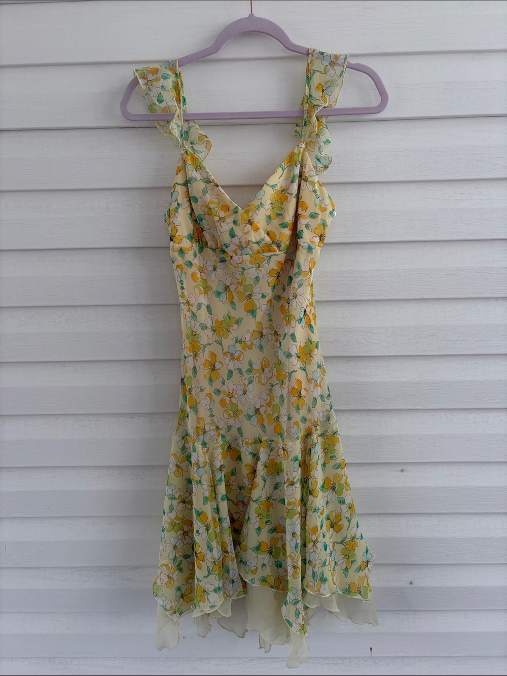 City Triangles Yellow Floral Handkerchief Hem Dress Women's Size 9 Chiffon Y2K
